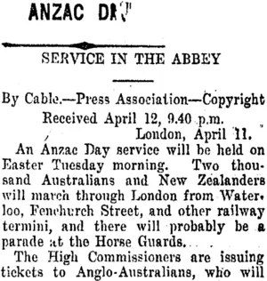 ANZAC DAY. (Taranaki Daily News 13-4-1916)