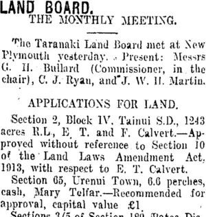 LAND BOARD. (Taranaki Daily News 27-4-1916)