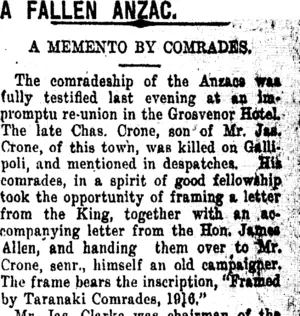 A FALLEN ANZAC. (Taranaki Daily News 4-5-1916)