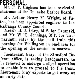 PERSONAL. (Taranaki Daily News 8-5-1916)