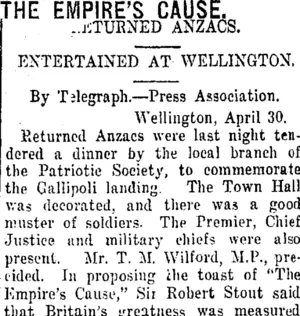 THE EMPIRE'S CAUSE. (Taranaki Daily News 2-5-1916)