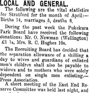 LOCAL AND GENERAL. (Taranaki Daily News 3-5-1916)