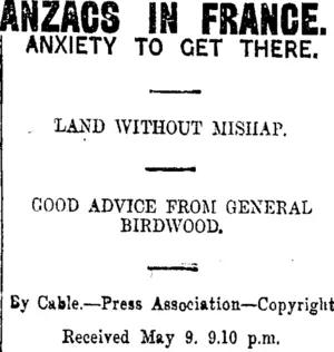 ANZACS IN FRANCE. (Taranaki Daily News 10-5-1916)