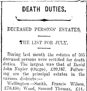 DEATH DUTIES. (Taranaki Daily News 9-8-1916)