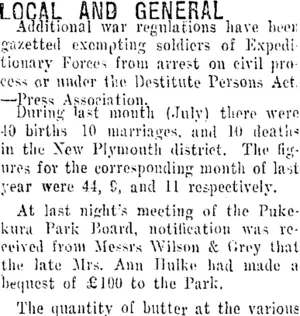 LOCAL AND GENERAL. (Taranaki Daily News 2-8-1916)