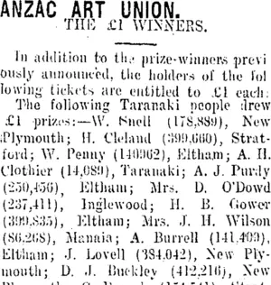 ANZAC ART UNION. (Taranaki Daily News 12-9-1916)