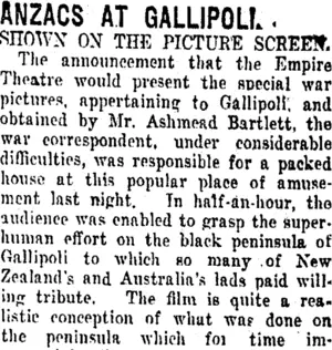 ANZACS AT GALLIPOLI. (Taranaki Daily News 5-10-1916)