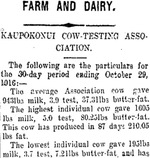 FARM AND DAIRY. (Taranaki Daily News 4-11-1916)