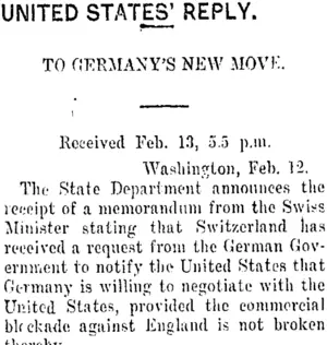 UNITED STATES' REPLY. (Taranaki Daily News 14-2-1917)