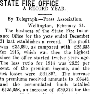 STATE FIRE OFFICE. (Taranaki Daily News 26-2-1917)