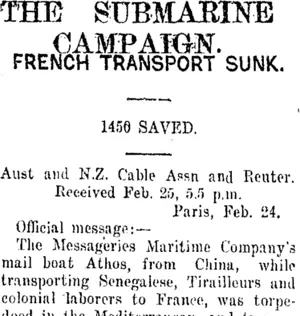 THE SUBMARINE CAMPAIGN. (Taranaki Daily News 26-2-1917)