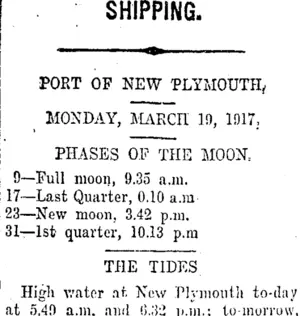 SHIPPING. (Taranaki Daily News 19-3-1917)