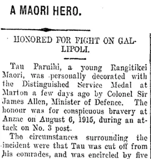 A MAORI HERO. (Taranaki Daily News 12-3-1917)