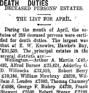 DEATH DUTIES. (Taranaki Daily News 9-5-1917)