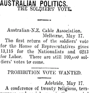 AUSTRALIAN POLITICS. (Taranaki Daily News 18-5-1917)