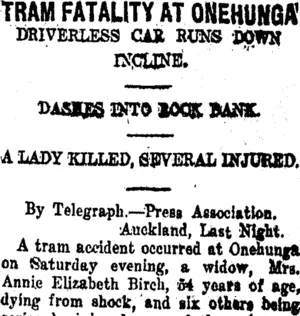 TRAM FATALITY AT ONEHUNGA (Taranaki Daily News 28-5-1917)