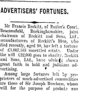 ADVERTISERS' FORTUNES. (Taranaki Daily News 16-6-1917)