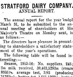 STRATFORD DAIRY COMPANY. (Taranaki Daily News 25-7-1917)