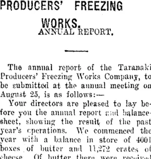 PRODUCERS' FREEZING WORKS. (Taranaki Daily News 13-8-1917)