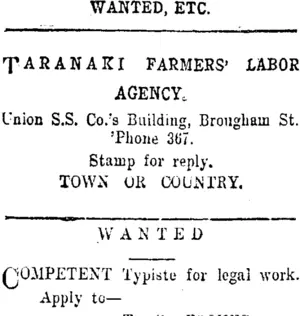 Page 1 Advertisements Column 4 (Taranaki Daily News 5-9-1917)