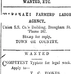 Page 1 Advertisements Column 4 (Taranaki Daily News 6-9-1917)