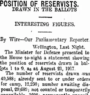 POSITION OF RESERVISTS. (Taranaki Daily News 18-9-1917)