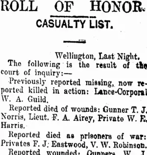 ROLL OF HONOR. (Taranaki Daily News 6-10-1917)