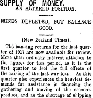 SUPPLY OF MONEY. (Taranaki Daily News 16-1-1918)