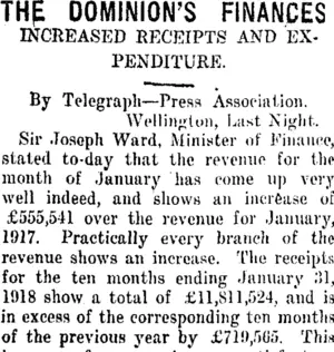 THE DOMINION'S FINANCES. (Taranaki Daily News 7-2-1918)