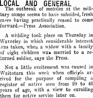 LOCAL AND GENERAL. (Taranaki Daily News 9-2-1918)