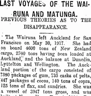 LAST VOYAGES OF THE WAIRUNA AND MATUNGA. (Taranaki Daily News 6-3-1918)
