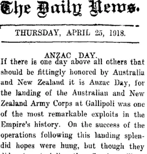 The Daily News. THURSDAY, APRIL 25, 1918. ANZAC DAY. (Taranaki Daily News 25-4-1918)