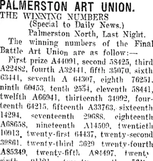 PALMERSTON ART UNION. (Taranaki Daily News 30-4-1918)