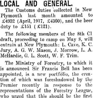 LOCAL AND GENERAL. (Taranaki Daily News 1-5-1918)