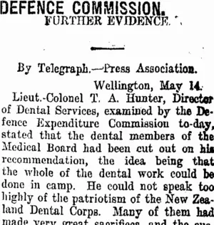 DEFENCE COMMISSION. (Taranaki Daily News 15-5-1918)