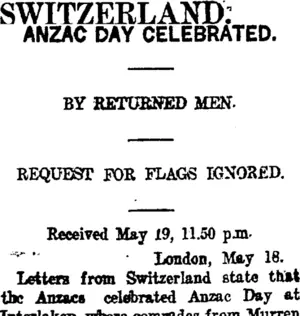SWITZERLAND. (Taranaki Daily News 20-5-1918)