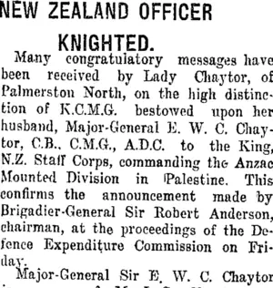 NEW ZEALAND OFFICER KNIGHTED. (Taranaki Daily News 20-5-1918)