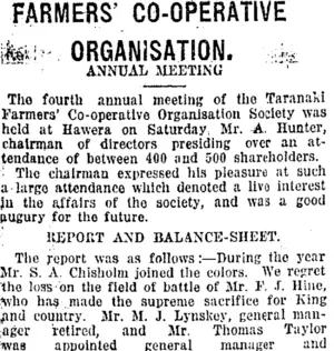 FARMERS' CO-OPERATIVE ORGANISATION. (Taranaki Daily News 17-6-1918)