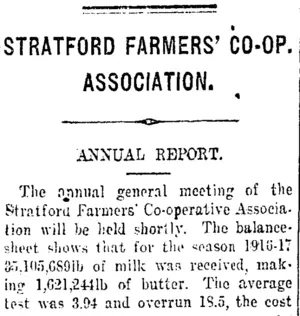 STRATFORD FARMERS' CO-OP. ASSOCIATION. (Taranaki Daily News 22-7-1918)