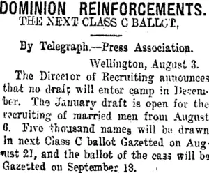 DOMINION REINFORCEMENTS. (Taranaki Daily News 5-8-1918)
