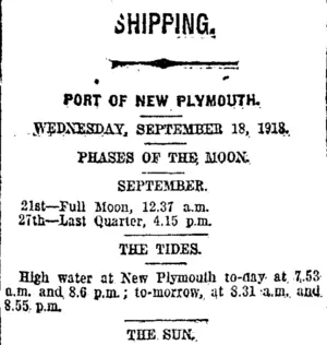 SHIPPING. (Taranaki Daily News 18-9-1918)
