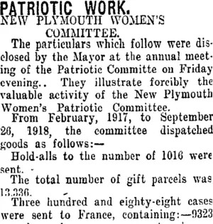 PATRIOTIC WORK. (Taranaki Daily News 3-10-1918)