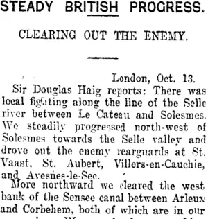 STEADY BRITISH PROGRESS. (Taranaki Daily News 15-10-1918)