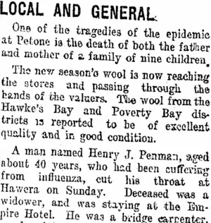 LOCAL AND GENERAL. (Taranaki Daily News 27-11-1918)