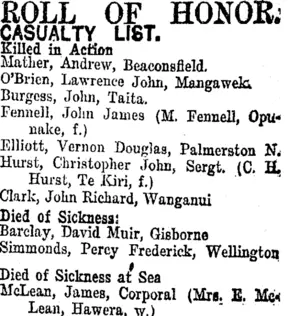 ROLL OF HONOR. (Taranaki Daily News 29-11-1918)
