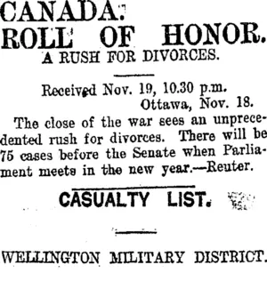 CANADA. ROLL OF HONOR. (Taranaki Daily News 20-11-1918)
