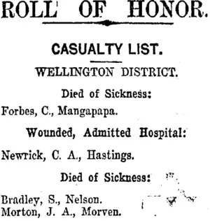 ROLL OF HONOR. (Taranaki Daily News 7-12-1918)