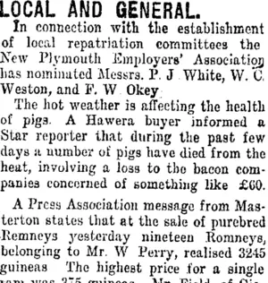 LOCAL AND GENERAL. (Taranaki Daily News 24-1-1919)