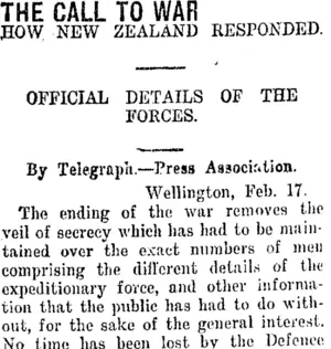 THE CALL TO WAR. (Taranaki Daily News 18-2-1919)