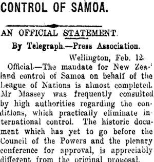 CONTROL OF SAMOA. (Taranaki Daily News 13-2-1919)